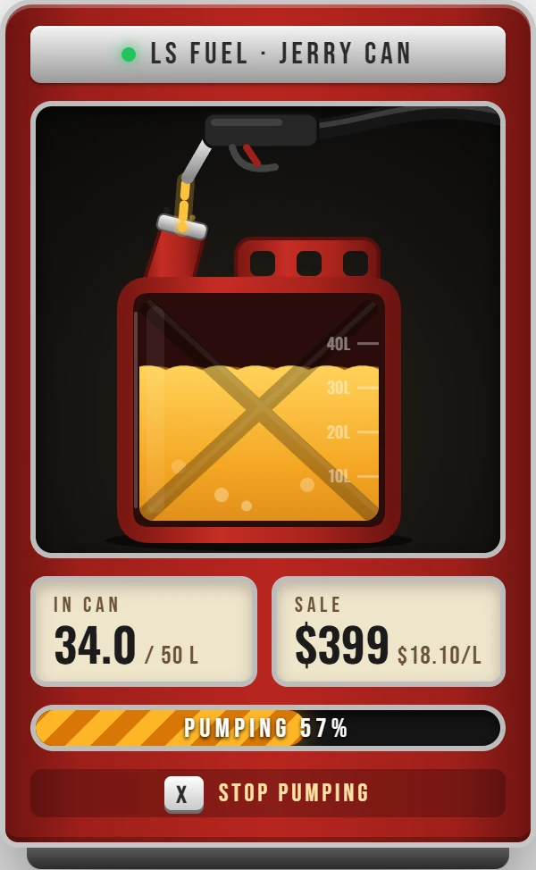 Jerry can overlay while filling at the pump: the nozzle pours into the can, which reads 34.0 of 50 litres, with the sale total counting up