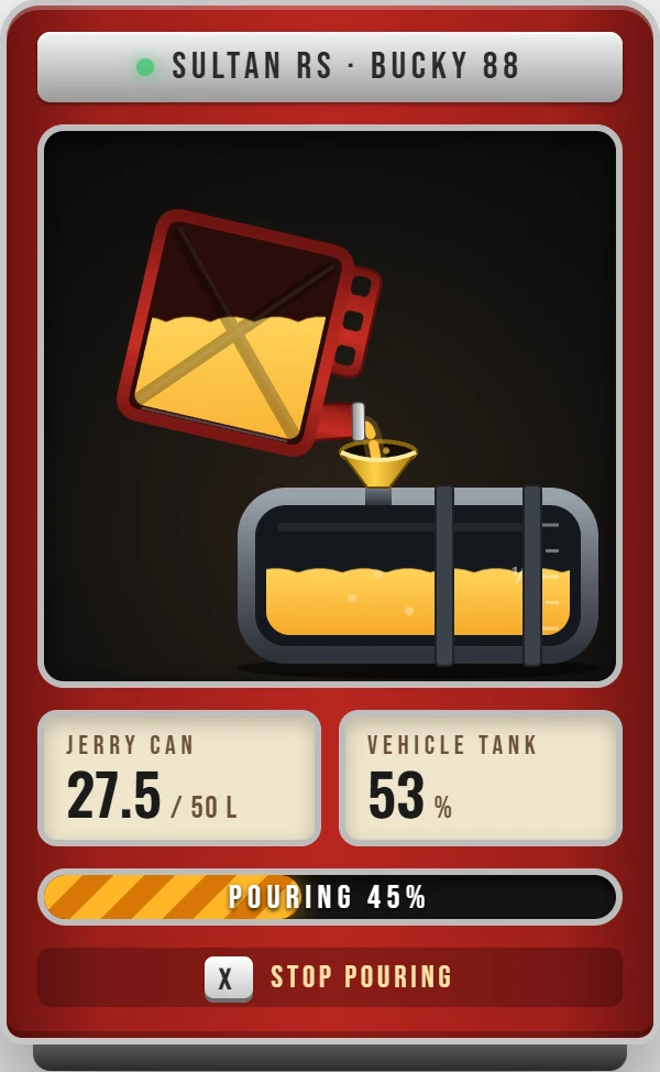 Jerry can overlay while pouring into a car: the can is tipped over a funnel in the filler neck, fuel falls in a stream and the vehicle tank level rises