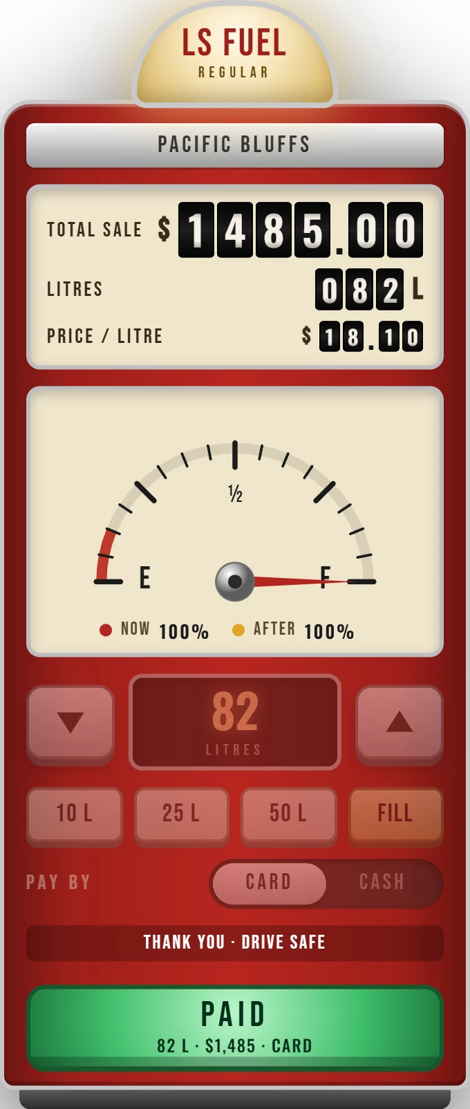 Pump terminal after pumping: a green PAID button shows litres, total and payment method