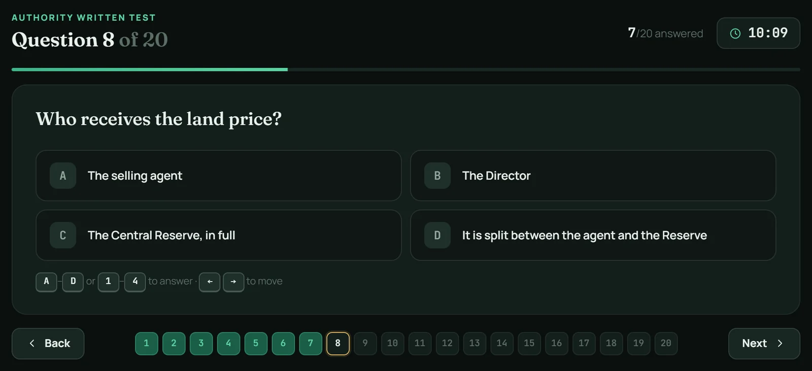 The written test: question 8 of 20, who receives the land price, four choices, the timer and the question navigator