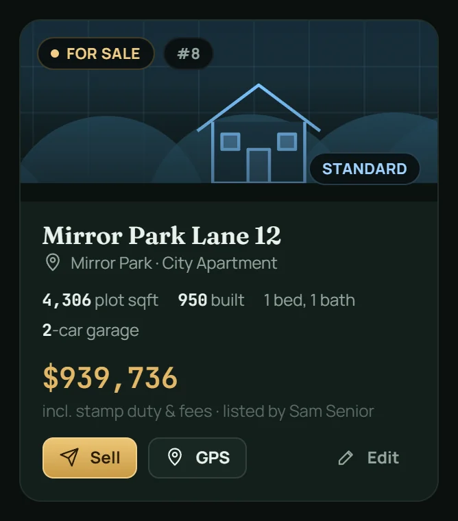 A listing card on the tablet: Mirror Park Lane 12, City Apartment, 4,306 plot sqft, 950 built, 2-car garage, $939,736 including stamp duty and fees