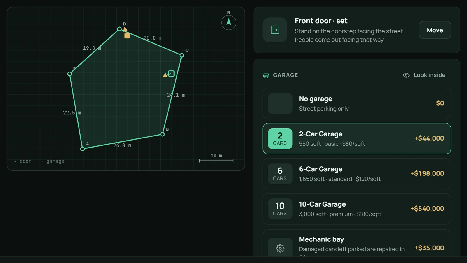 The wizard's garage options: no garage, 2-car for $44,000, 6-car for $198,000, 10-car for $540,000, and a mechanic bay for $35,000