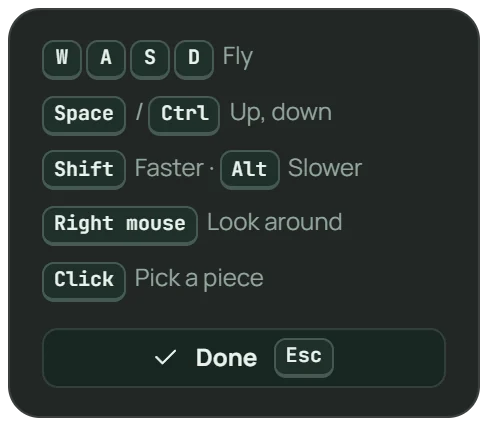 Fly keys: WASD to fly, Space and Ctrl up and down, Shift faster, Alt slower, right mouse to look, click to pick