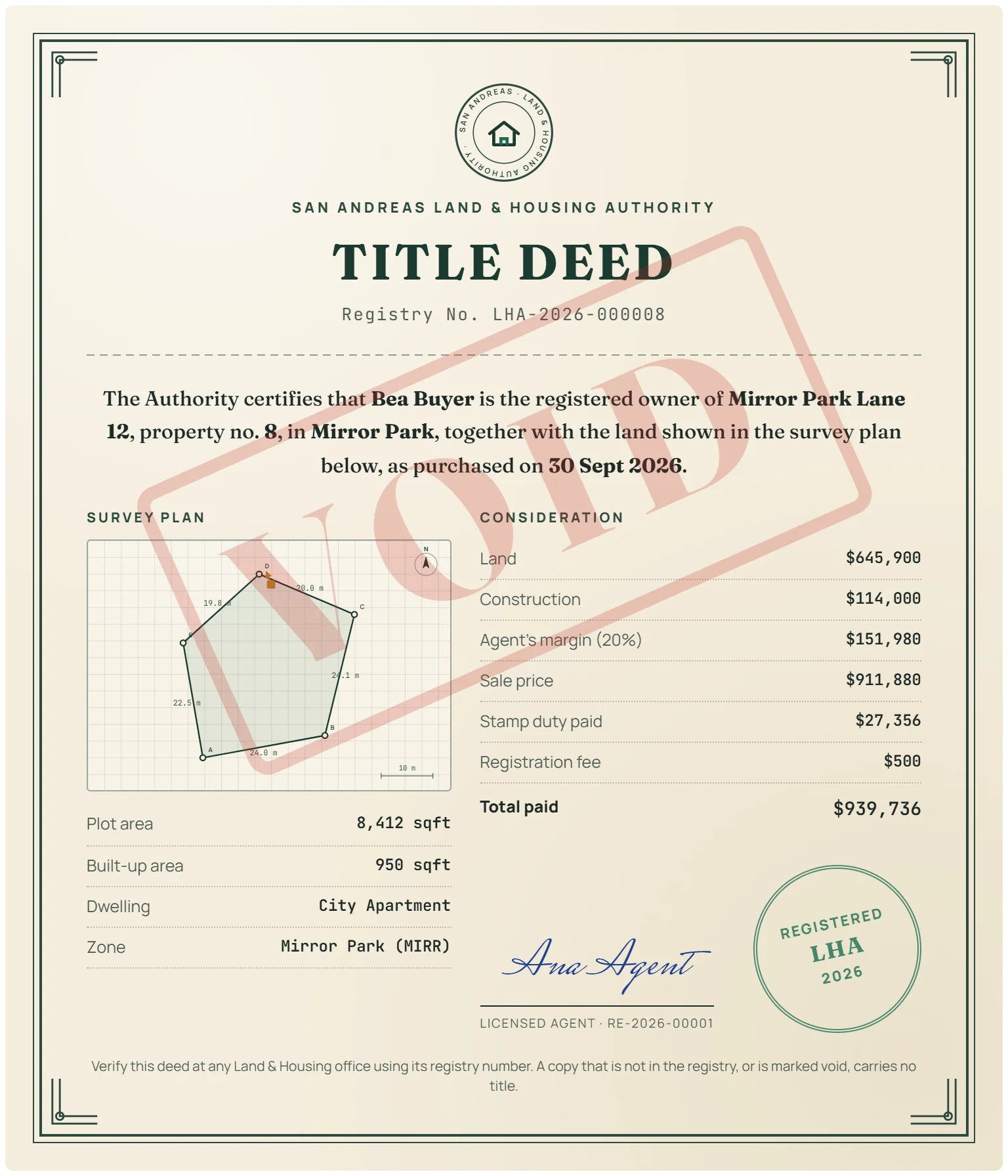 A title deed stamped VOID after the property was given a newer deed
