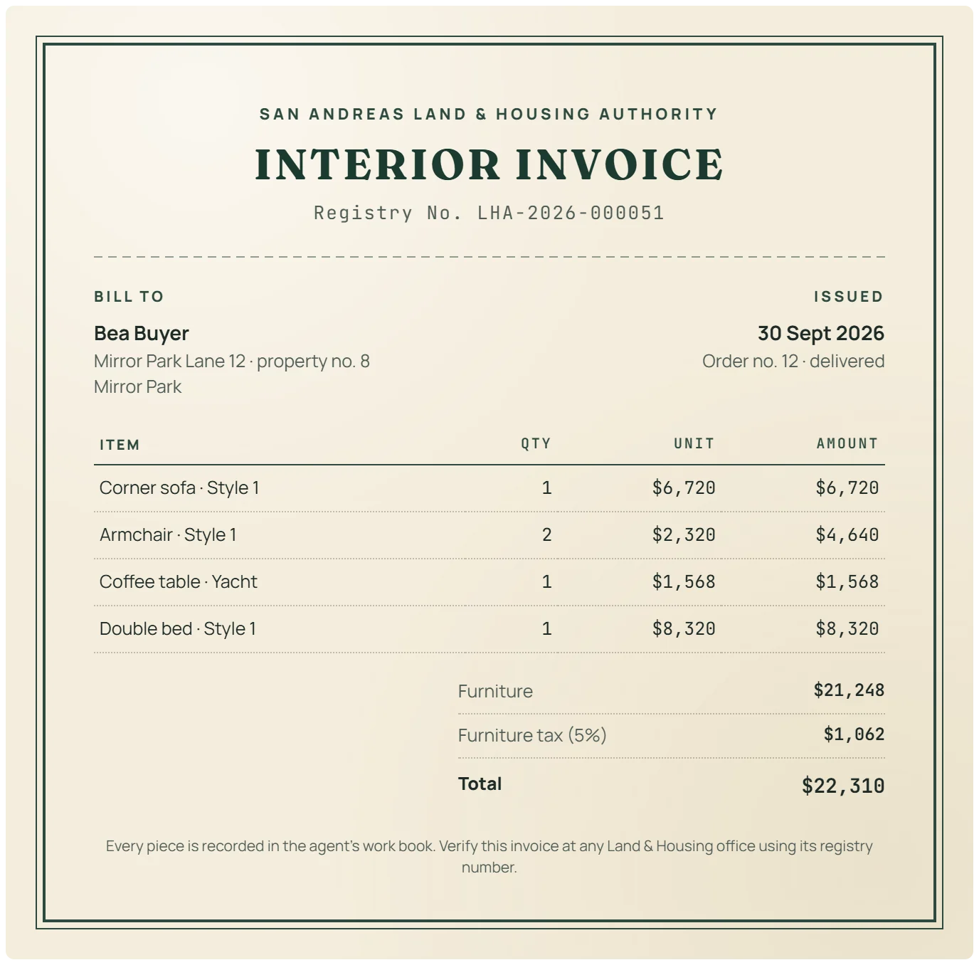 Interior invoice LHA-2026-000051 for order 12, delivered: four pieces at shop prices, 5% furniture tax, $22,310 in total