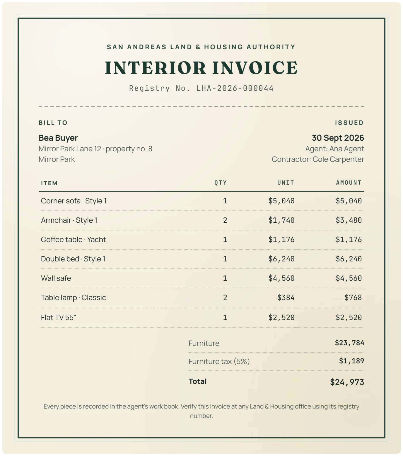 Interior invoice LHA-2026-000044 for Bea Buyer: seven lines of furniture, 5% furniture tax, $24,973 total, agent Ana Agent and contractor Cole Carpenter