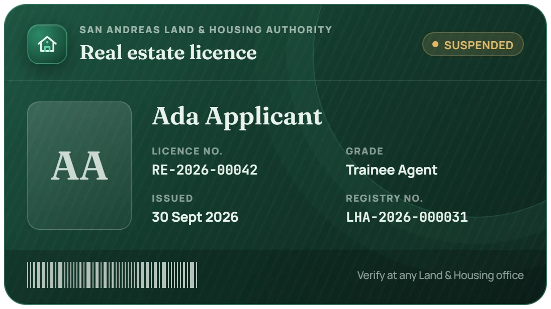 A suspended real estate licence card