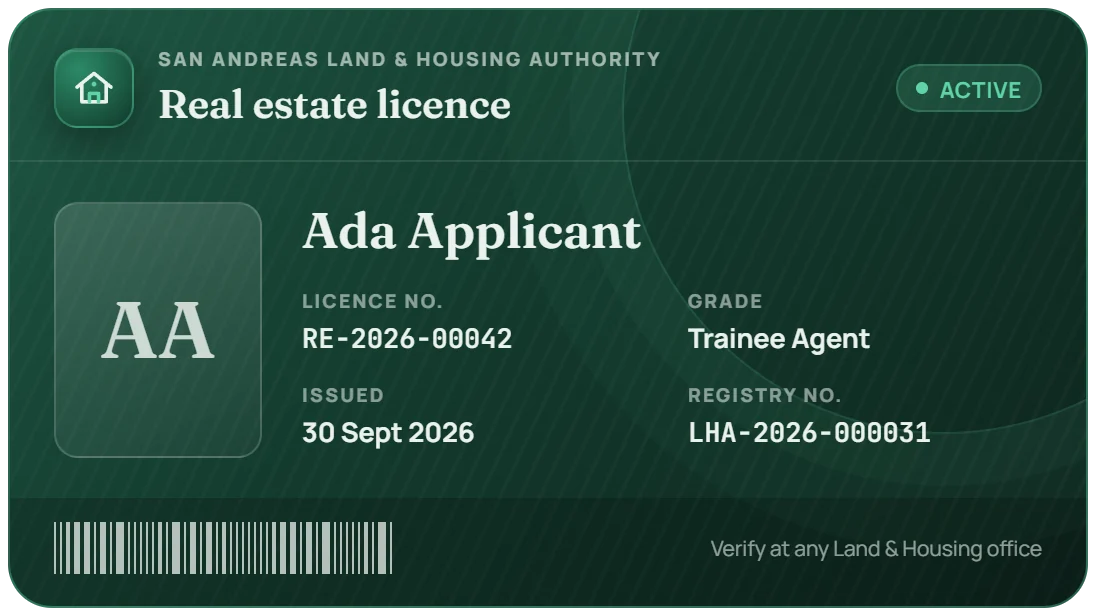 Real estate licence card for Ada Applicant: licence RE-2026-00042, Trainee Agent, active, registry number LHA-2026-000031
