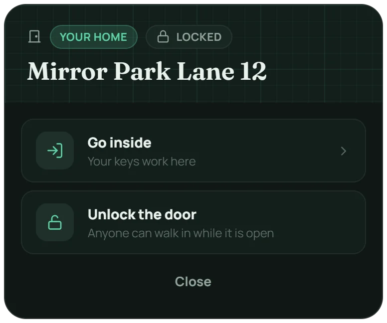 The owner's front door: go inside, unlock the door