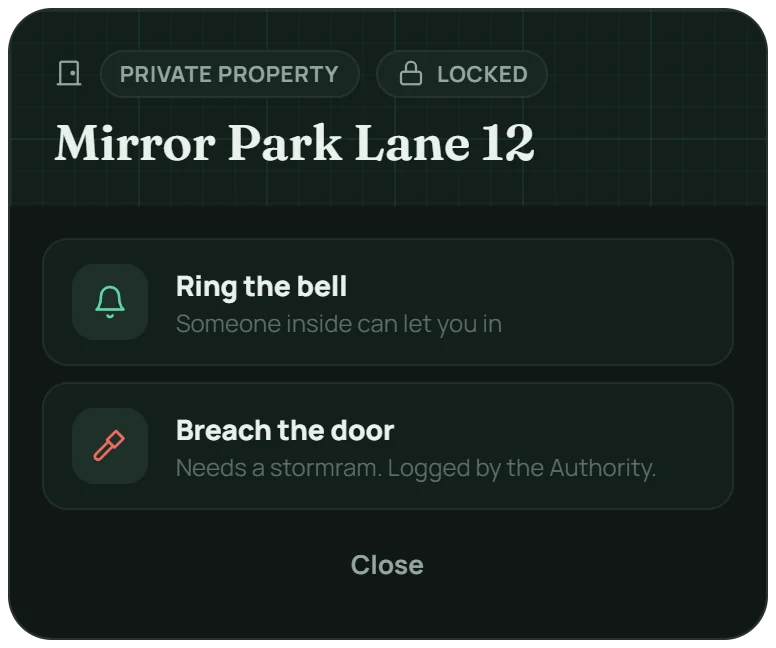 An officer at a private door: ring the bell, or breach the door with a stormram, logged by the Authority