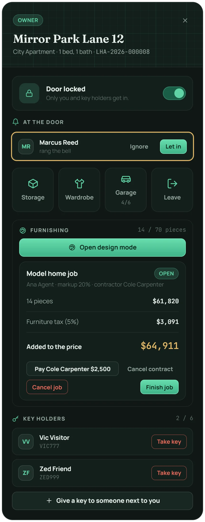 The home panel during a model-home job: 14 pieces, furniture tax, $64,911 added to the price, a contractor to pay, and finish or cancel