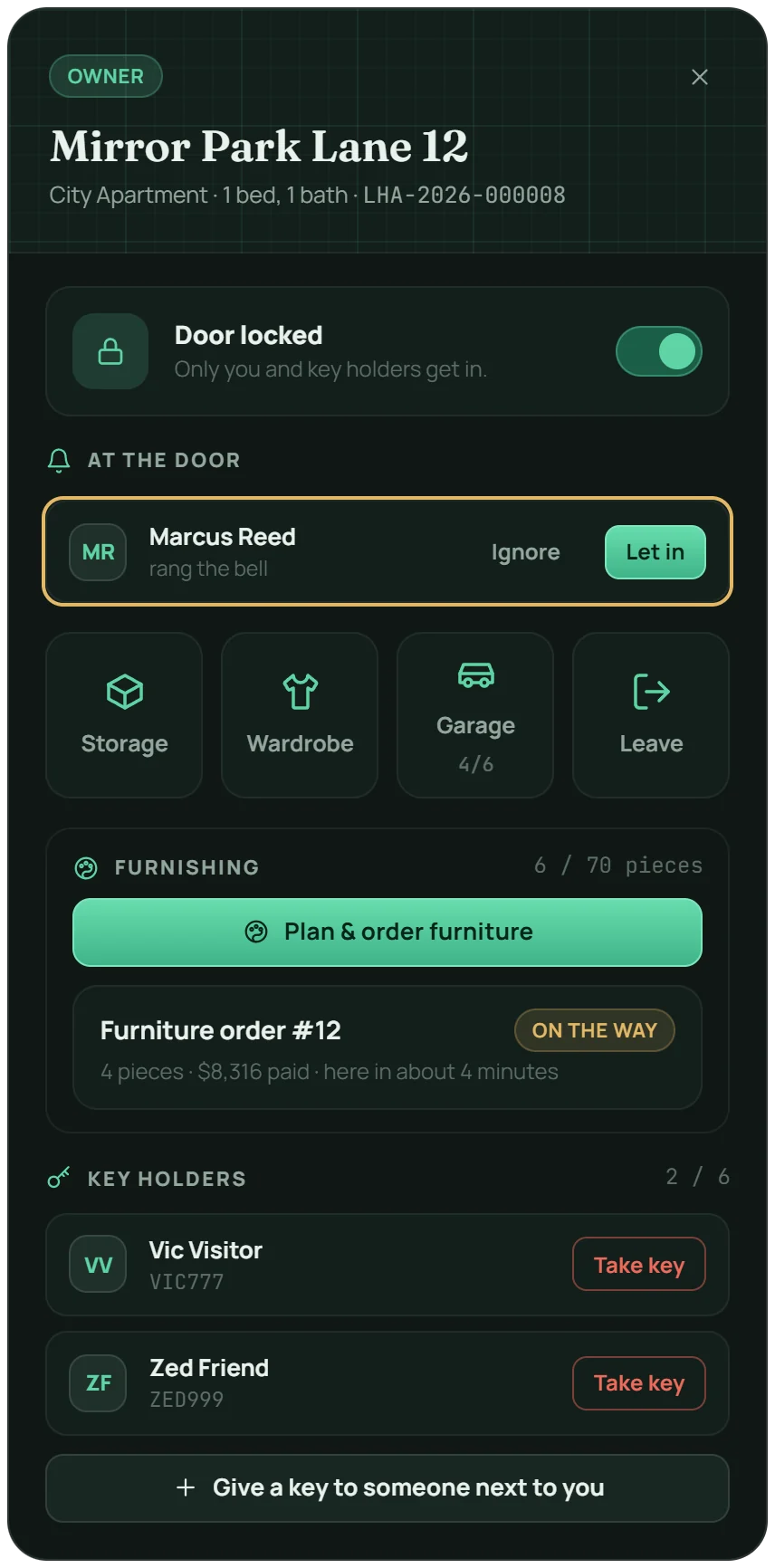 The home panel with furniture order 12 on the way: 4 pieces, $8,316 paid
