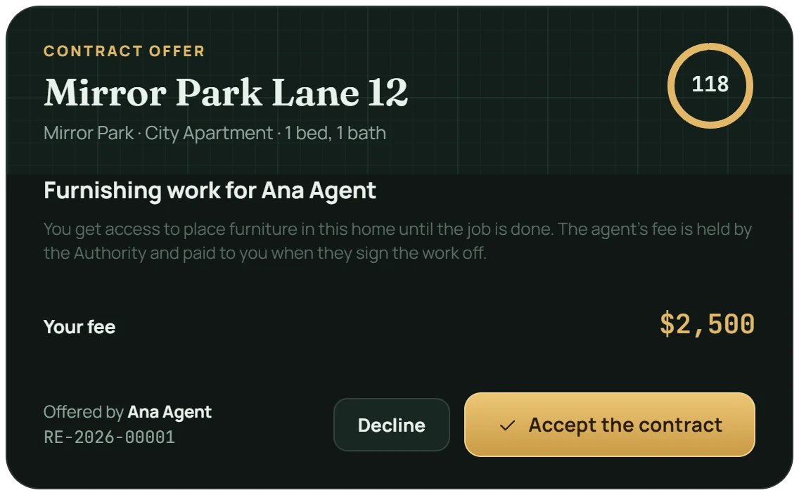 A contract offer: furnishing work for Ana Agent, with a fee of $2,500 held by the Authority