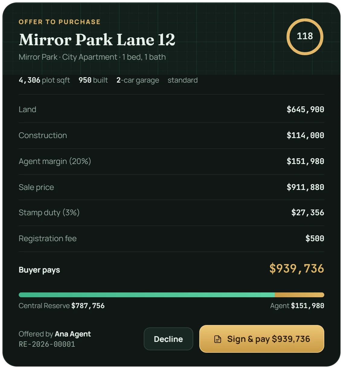 The buyer's Offer to Purchase for Mirror Park Lane 12: land, construction, agent margin, stamp duty and registration fee, $939,736 in total, split between the Central Reserve and the agent, with a countdown