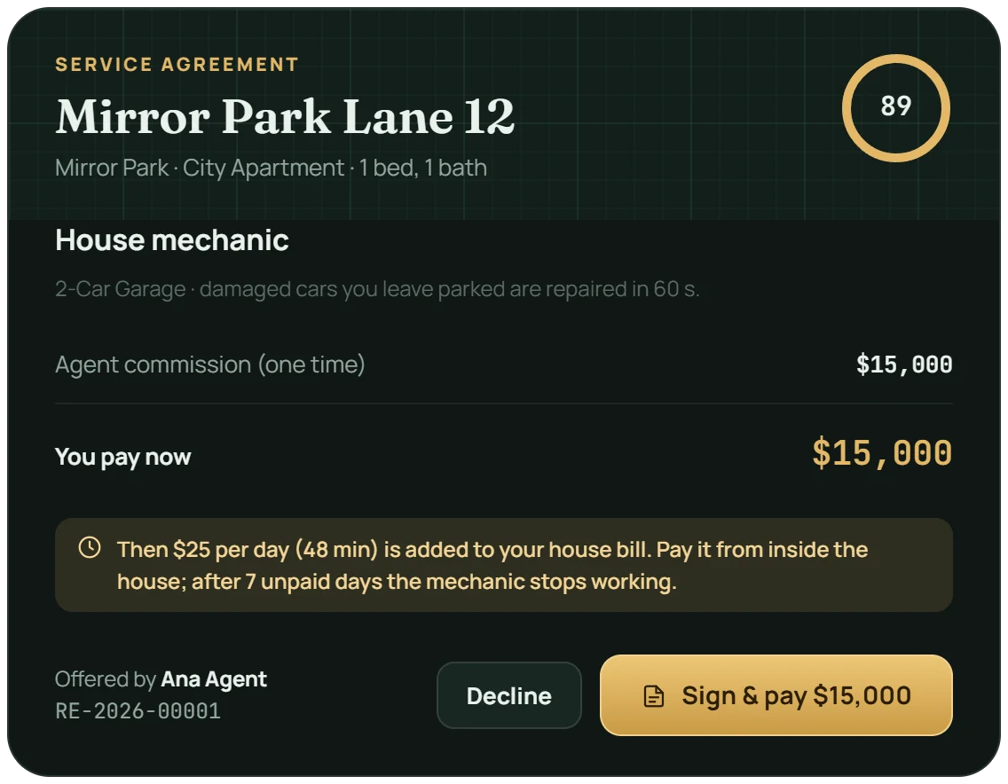 The owner's service agreement: agent commission $15,000 now, then $25 per day on the house bill; after 7 unpaid days the mechanic stops