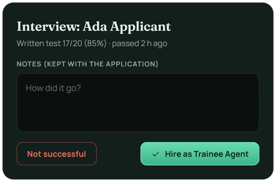 The Director's interview sheet for Ada Applicant: test 17 of 20, notes kept with the application, not successful or hire as Trainee Agent