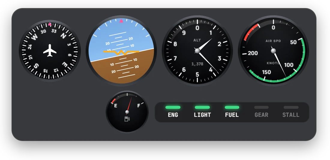 Analogue flight instruments: heading, attitude, altimeter, airspeed and fuel with warning lights