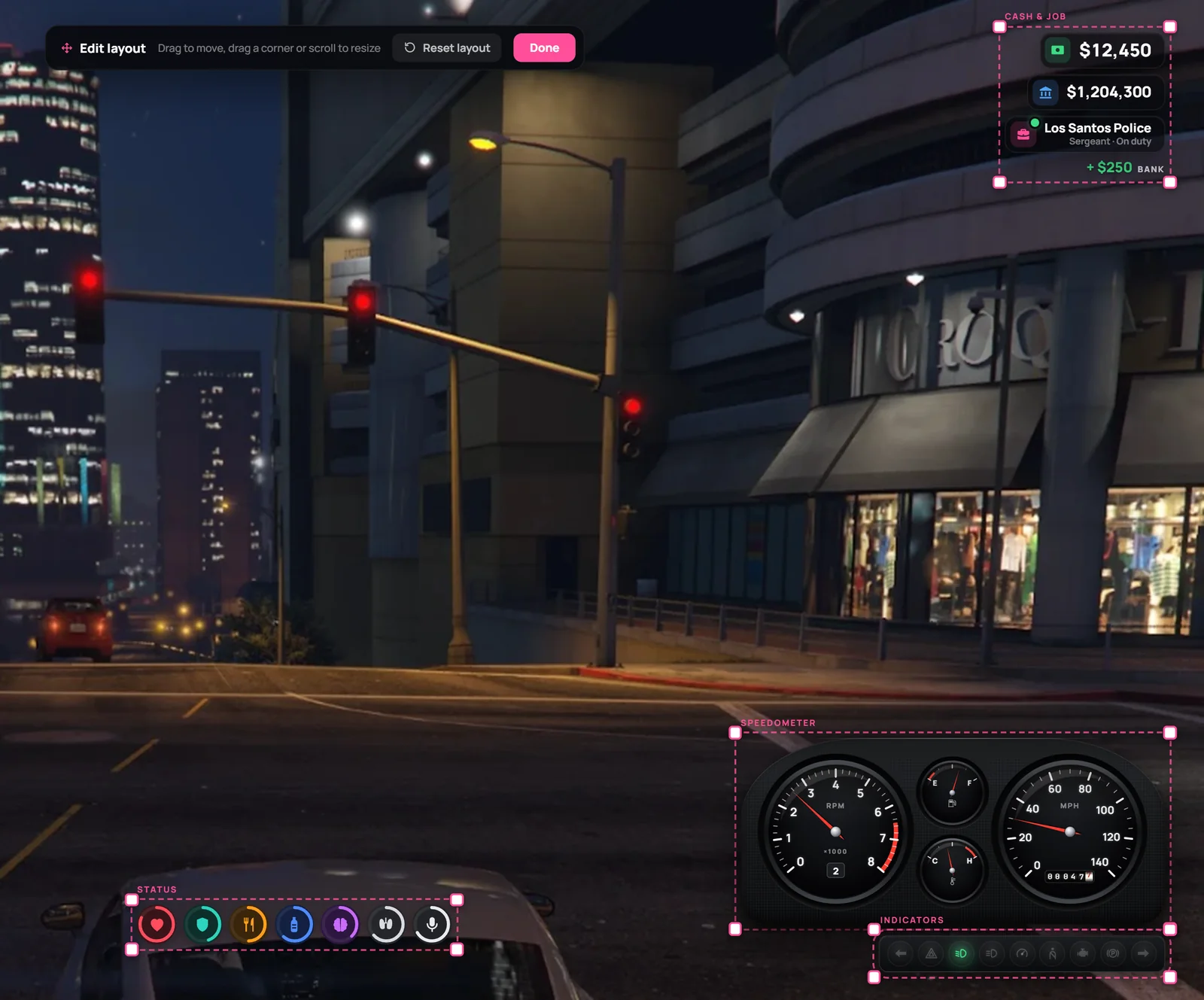 The layout editor with corner handles on the speedometer, indicators, status and cash