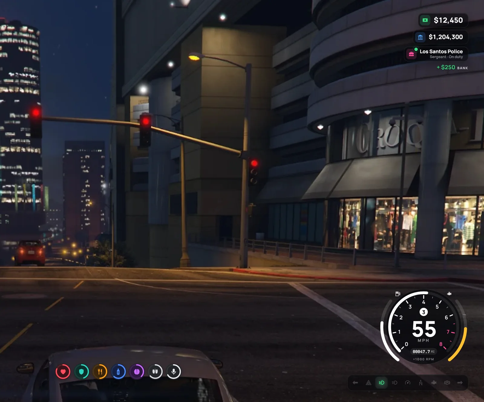 The HUD in the night city: Pro speedometer, indicator bar, status icons and cash with job