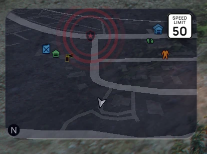 In-game capture of the Bucky HUD minimap with rounded corners, blips inside the frame and a speed limit sign
