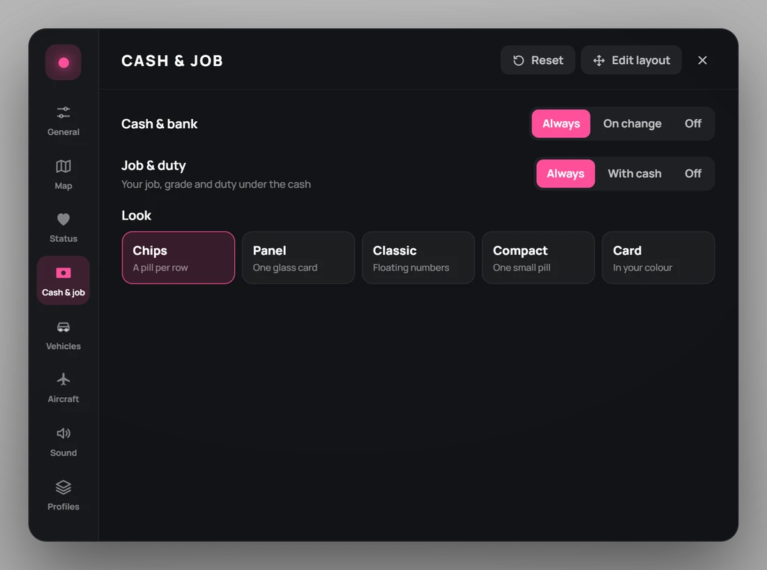 Menu, Cash and job page: visibility and five looks