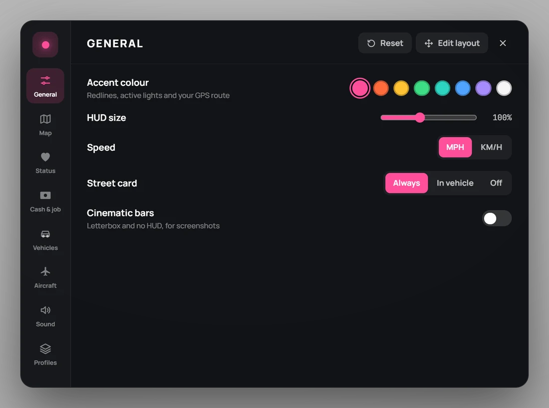 Menu, General page: accent colour, HUD size and units