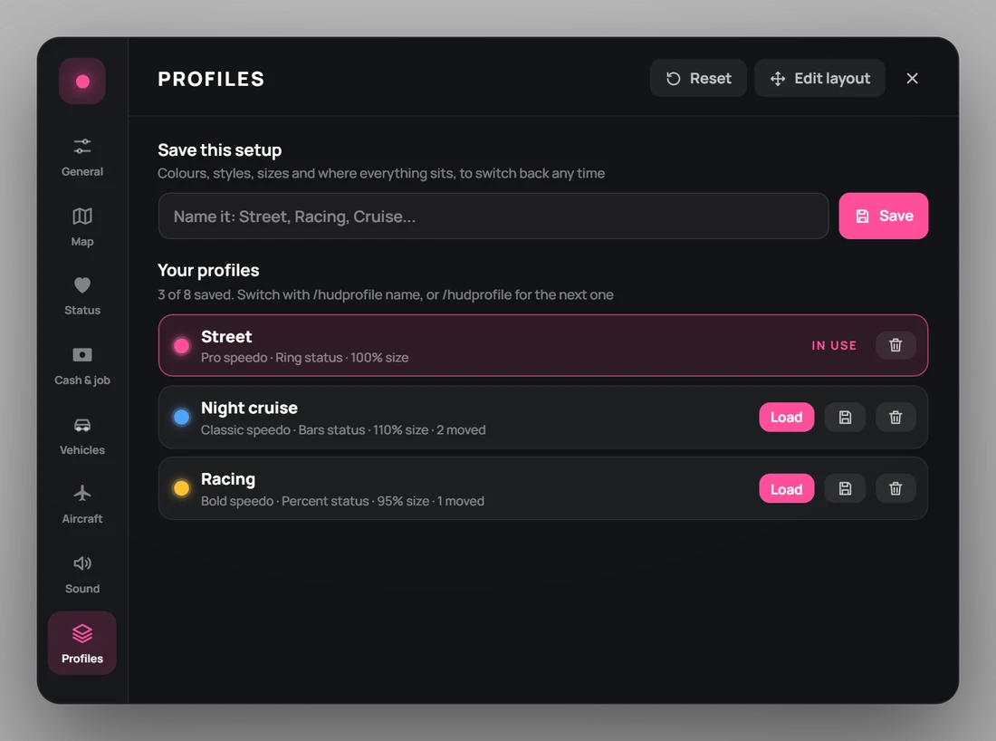 Menu, Profiles page: saved setups Street, Night cruise and Racing
