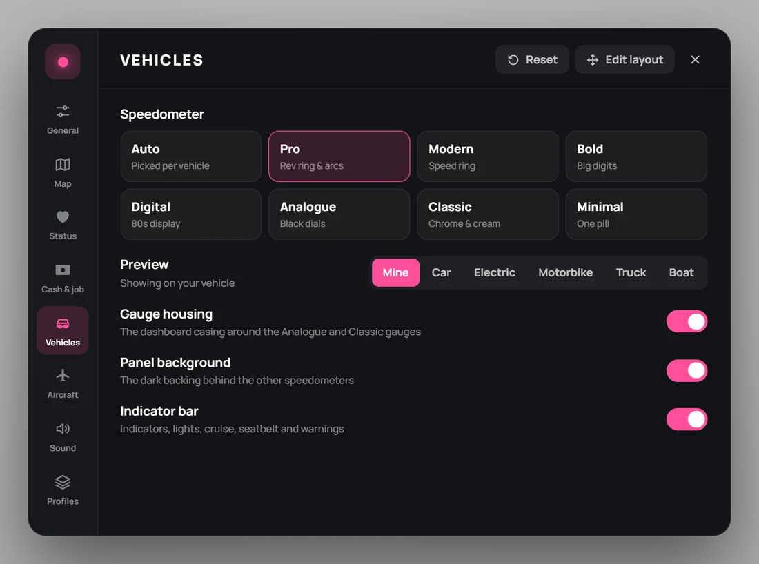Menu, Vehicles page: speedometer styles, previews and housing options