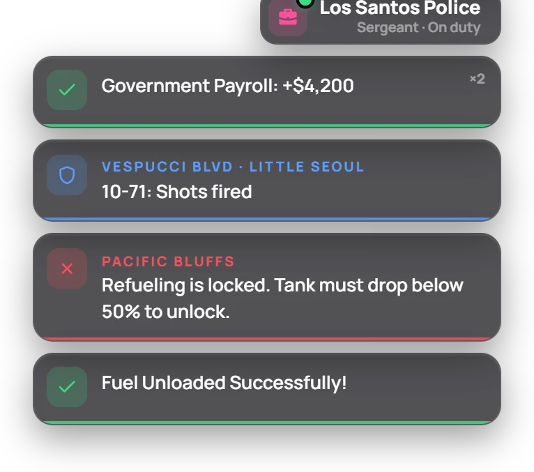 Notifications: government payroll stacked twice, a police call, and Bucky Fuel messages