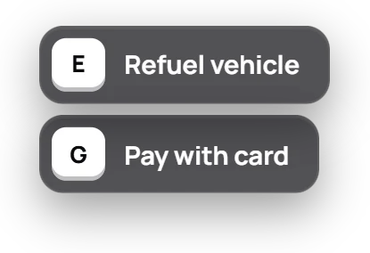 Prompt with E to refuel and G to pay by card