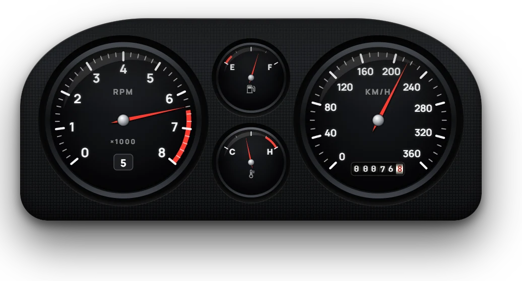 Analogue cluster reading kilometres per hour up to 360