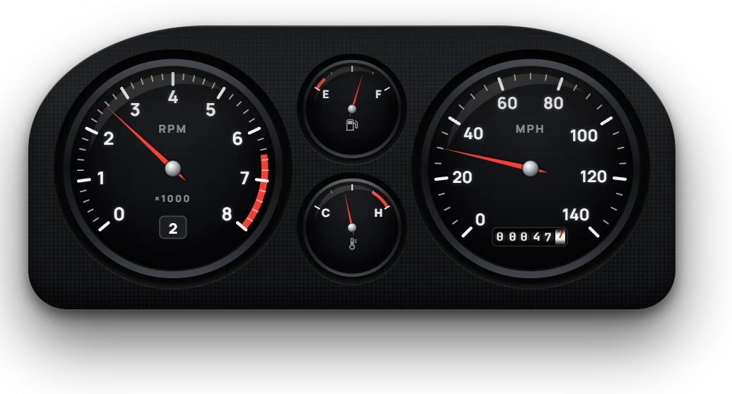 Analogue cluster: black-faced tachometer, fuel and temperature gauges and speedometer in a moulded binnacle