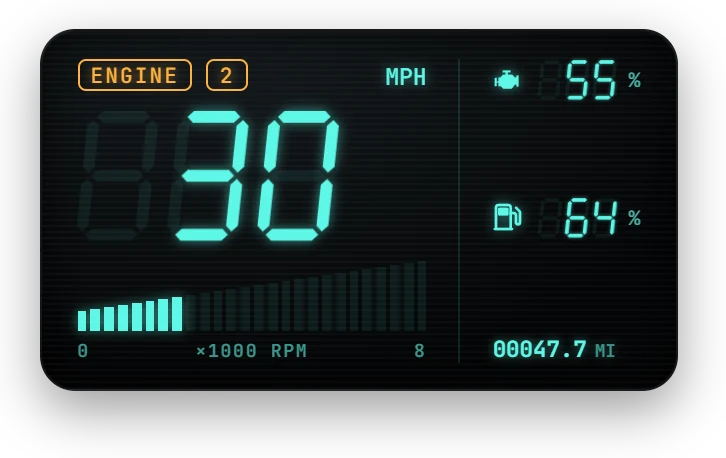 Digital speedometer: glowing 7-segment display with rev bar graph