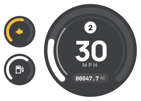 Modern speedometer: speed ring with engine and fuel rings