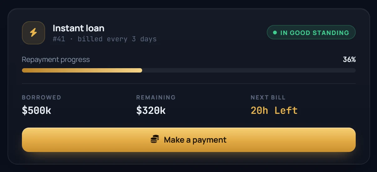 Instant loan card in good standing: 36% repaid, $320k remaining, next bill in 20 hours