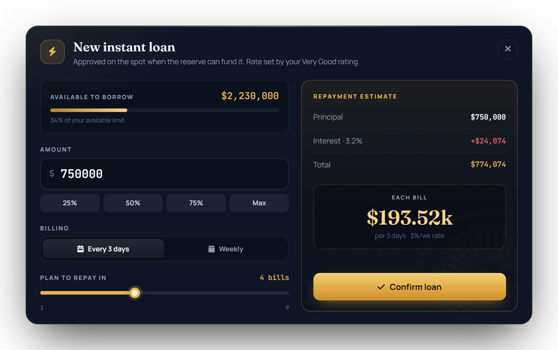 New instant loan window: available to borrow, amount with quick picks, billing every 3 days or weekly, a plan slider and a repayment estimate of $193.52k per bill