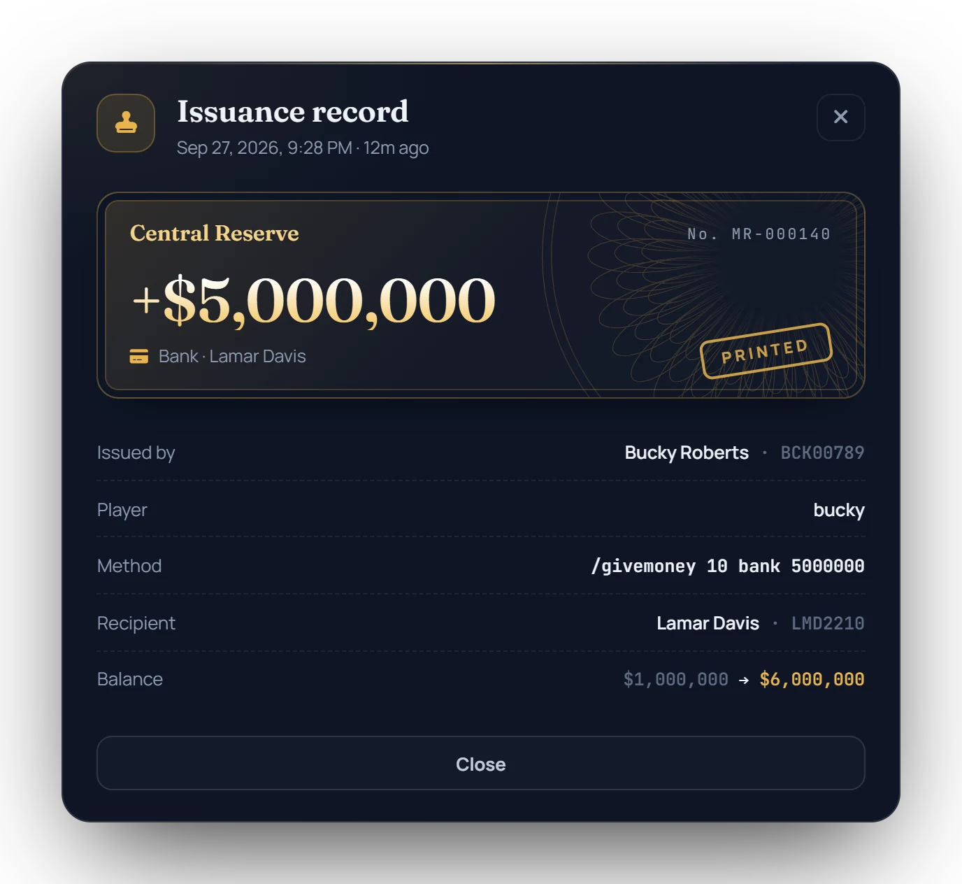 Issuance record styled as a banknote: +$5,000,000 printed by Bucky Roberts to Lamar Davis's bank with /givemoney, balance before and after