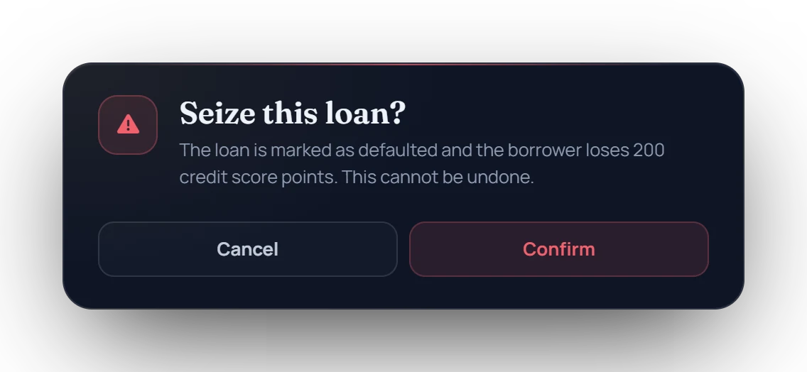 Confirmation: Seize this loan? The loan is marked as defaulted and the borrower loses 200 credit score points